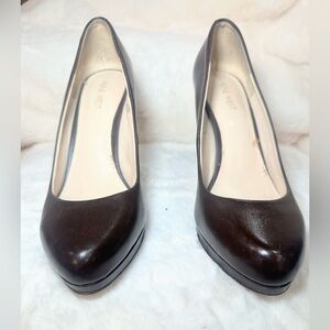 Nine West Dark Brown Leather Round-Toe Platform Pumps-sz 8M